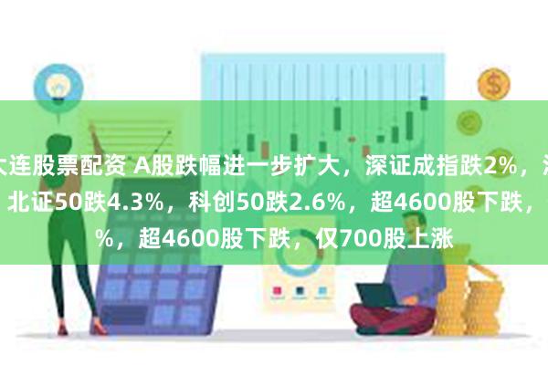 大连股票配资 A股跌幅进一步扩大，深证成指跌2%，沪指跌1.53%，北证50跌4.3%，科创50跌2.6%，超4600股下跌，仅700股上涨